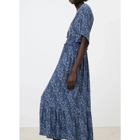 Zara Floral-Print Flutter-Sleeve Smocked-Waist Ruffled Midi Dress Small - Picture 8 of 9